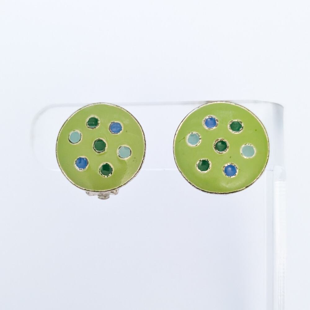 Vintage Clip On Earrings Green with Spots